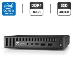 Неттоп HP ProDesk 600 G2 Mini PC USFF / Intel Core i5-6500T (4 ядра по 2.5 - 3.1 GHz) / 16 GB DDR4 / 480 GB SSD / Intel HD Graphics 530 / DisplayPort + Блок питания
