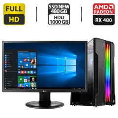 Комплект: 1stPlayer RainBow R3-A Tower NEW / Intel Core i7-2600K (4 (8) ядра по 3.4 - 3.8 GHz) / 16 GB DDR3 / 480 GB SSD NEW + 1000 GB HDD / AMD Radeon RX 480, 8 GB GDDR5, 256-bit + Монитор LG 24MB35PM-B / 24" (1920x1080) IPS / VGA + Кабели в подарок