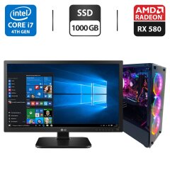 Комплект ПК: 1stPlayer Fire Dancing V2 Tower / Intel Core i7-4790 (4 (8) ядра по 3.6 - 4.0 GHz) / 32 GB DDR3 / 1000 GB SSD / AMD Radeon RX 580, 8 GB GDDR5, 256-bit / 500W + Монитор LG 24MB37PM-B / 24" (1920x1080) IPS / VGA + Кабели подключения
