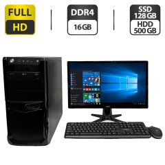 Комплект ПК: Rim 2000 Patriot Tower / Intel Core i3-6100 (2 (4) ядра по 3.7 GHz) / 16 GB DDR4 / 128 GB SSD + 500 GB HDD / Intel HD Graphics 530 / DVD-ROM + Монитор Acer G226HQL / 22" (1920x1080) TN / VGA, DVI, HDMI + Кабели, клавиатура и мышка