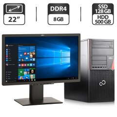 Комплект ПК: компьютер Fujitsu Esprimo P756 E90 Tower / Intel Core i3-6100 (2 (4) ядра по 3.7 GHz) / 8 GB DDR4 / 128 GB SSD + 500 GB HDD / Intel HD Graphics 530 + Монитор Б-класс 22" (1680x1050) TN / Разные бренды + Клавиатура, мышка, кабели подключения