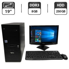 Комплект ПК: Vento Asus Tower / Intel Core i3-2100 (2 (4) ядра по 3.1 GHz) / 8 GB DDR3 / 250 GB HDD / Intel HD Graphics 2000 / DVD-ROM + Монитор Б-класс ViewSonic VA1948a-LED / 19" (1440x900) TN / VGA + Клавиатура, мышка, кабели подключения