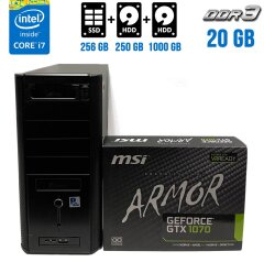 Ігровий ПК Cooler Master Tower / Intel Core i7-4790 (4 (8) ядра по 3.6 - 4.0 GHz) / 20 GB DDR3 / 256 GB SSD + 250 GB HDD + 1000 GB HDD / nVidia GeForce GTX 1070, 8 GB GDDR5, 256-bit / 750W / Windows 7 Pro ліцензія