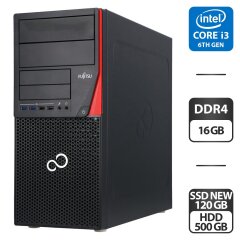 Комп'ютер Fujitsu Esprimo P756 E94 Tower / Intel Core i3-6100 (2 (4) ядра по 3.7 GHz) / 16 GB DDR4 / 120 SSD + 500 GB HDD / Intel HD Graphics 530 / DVI