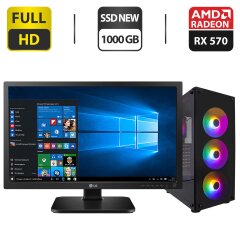 Комплект ПК: 1stPlayer Tower NEW / Intel Core i5-7500 (4 ядра по 3.4 - 3.8 GHz) / 16 GB DDR4 / 1000 GB SSD NEW / AMD Radeon RX 570, 8 GB GDDR5, 256-bit / 500W NEW + Монитор LG 24MB37PM-B / 24" (1920x1080) IPS / VGA + Кабели подключения