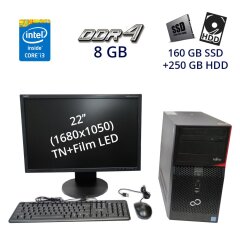 Комплект ПК: Fujitsu Esprimo P556 E85+ Tower / Intel Core i3-6100T (2 (4) ядра по 3.2 GHz) / 8 GB DDR4 / 160 GB SSD+250 GB HDD / DVD-RW + Монитор NEC MultiSync EA221WMe / 22" (1680x1050) TN+Film LED / 1x DVI-D, 1x VGA, USB-Hub / Встроенные колонки (2x 1W)
