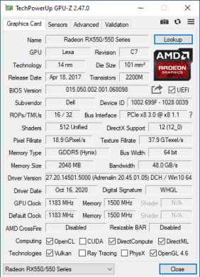 Дискретная видеокарта AMD Radeon RX 550, 2 GB GDDR5, 64-bit / DisplayPort / SFF