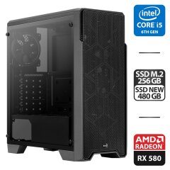 Игровой ПК AeroCool ORE Saturn Tower NEW / Intel Core i5-6500 (4 ядра по 3.2 - 3.6 GHz) / 16 GB DDR4 / 256 GB SSD M.2 + 480 GB SSD NEW / AMD Radeon RX 580, 4 GB GDDR5, 256-bit / 500W NEW