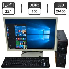 Комплект: Fujitsu Esprimo C720 SFF / Intel Core i7-4790 (4 (8) ядра по 3.6 - 4.0 GHz) / 8 GB DDR3 / 240 GB SSD / Intel HD Graphics / DVD-ROM + Монитор Б-класс Acer B223WL / 22" (1680x1050) TN + Клавиатура, мышка, Wi-Fi адаптер, кабели AUX, DVI, питания