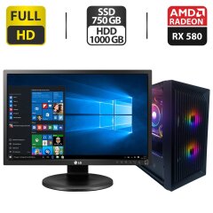 Комплект ПК: 1stPlayer Black SIR BS-2 Tower / Intel Core i5-9500T (4 ядра по 2.2 - 3.7 GHz) / 16 GB DDR4 / 750 GB SSD + 1000 GB HDD / AMD Radeon RX 580, 8 GB GDDR5, 256-bit + Монитор LG 24MB35PM-B / 24" (1920x1080) IPS / VGA / DVI + Кабели