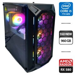Игровой ПК 1stPlayer FireBase X6 Tower NEW / Intel Core i5-7400 (4 ядра по 3.0 - 3.5 GHz) / 16 GB DDR4 / 960 GB SSD NEW / AMD Radeon RX 580, 8 GB GDDR5, 256-bit / 700W NEW + Мышка, клавитаура, кабели подключения