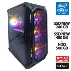 Игровой ПК 1stPlayer FireBase X6 Tower NEW / Intel Core i5-8500 (6 ядер по 3.0 - 4.1 GHz) / 16 GB DDR4 / 240 GB SSD M.2 NEW + 480 GB SSD NEW + 500 GB HDD / AMD Radeon RX 570, 8 GB GDDR5, 256-bit / 500W NEW / HDMI + Кабели в комплекте