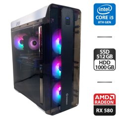 Ігровий ПК GameMax MoonLight Tower / Intel Core i5-8500 (6 ядер по 3.0 - 4.1 GHz) / 32 GB DDR4 / 512 GB SSD M.2 + 1000 GB HDD / AMD Radeon RX 580, 8 GB GDDR5, 256-bit / 500W + Кабелі HDMI та живлення