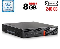Неттоп Lenovo ThinkCentre M720q Tiny USFF / Intel Core i3-8100T (4 ядра по 3.1 GHz) / 8 GB DDR4 / 240 GB SSD M.2 / Intel UHD Graphics 630 / USB 3.1 / Блок питания в комплекте