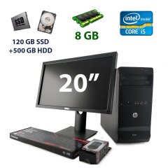 HP Pro 3500 Tower / Intel Core i5-3470 (4 ядра по 3.2 - 3.6 GHz) / 8 GB DDR3 / 120 GB SSD+500 GB HDD / AMD Radeon R5 240, 1 GB GDDR5, 128-bit + Dell E2011H / 20" (1600x900) TN WLED / DVI, VGA