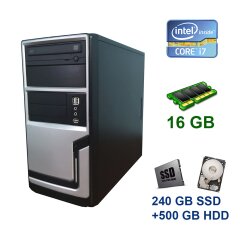 Hyundai Silver Tower / Intel Core i7-3770 (4 (8) ядра по 3.4 - 3.9 GHz) / 16 GB DDR3 / 240 GB SSD+500 GB HDD / nVidia GeForce GTX 1060, 6 GB GDDR5, 192-bit / Q-Dion 500W / DVD-ROM
