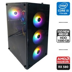 Игровой ПК 1stPlayer Fire Dancing V3-B Tower NEW / Intel Core i5-7500 (4 ядра по 3.4 - 3.8 GHz) / 16 GB DDR4 NEW / 480 GB SSD NEW + 1000 GB HDD / AMD Radeon RX 580, 8 GB GDDR5, 256-bit / 500W + Мышка и кабели подключения