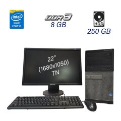Комплект ПК Dell OptiPlex 7010 Tower / Intel Core i3-3220 (2 (4) ядра по 3.3 GHz) / 8 GB DDR3 (2x 4 GB) / 250 GB HDD / DVD-RW + Монитор Samsung 2243 / 22" (1680x1050) TN / 1x VGA, 1x DVI / Поворотный экран + Клавиатура + Мишка