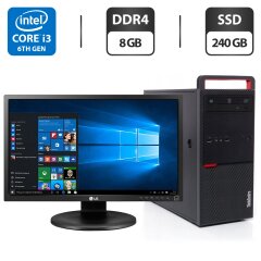 Комплект ПК: Lenovo ThinkCentre M800 Tower / Intel Core i3-6100 (2 (4) ядра по 3.7 GHz) / 8 GB DDR4 / 240 GB SSD / Intel HD Graphics 530 / DVD-ROM / 350W + Монитор LG 24MB35PM-B / 24" (1920x1080) IPS / VGA + Кабели подключения