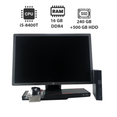 Комплект ПК: Неттоп Dell OptiPlex 5060 / Intel Core i5-8400T (6 ядер по 1.7 - 3.3 GHz) / 16 GB DDR4 / 240 GB SSD + 500 GB HDD / Intel UHD Graphics 630 + Монитор 24" (1920х1080) TN / DP / Разные бренды + Клавиатура и мышь