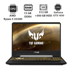 Ігровий ноутбук Asus TUF FX505DT / 15.6" (1920x1080) IPS / AMD Ryzen 5 3550H (4 (8) ядра по 2.1 - 3.7 GHz) / 16 GB DDR4 / 512 GB SSD + 500 GB HDD / nVidia GeForce GTX 1650, 4 GB GDDR5, 128-bit / WebCam