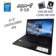 Ігровий ноутбук Asus X756U / 17.3" (1920х1080) IPS / Intel Core i5-7200U (2 (4) ядра по 2.5 - 3.1 GHz) / 8 GB DDR4 / 256 GB SSD Micron+1000 GB HDD / nVidia GeForce 940MX, 2 GB GDDR5, 64-bit / WebCam / Windows 10 Pro Lic