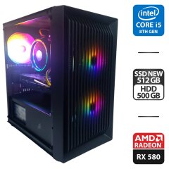 Игровой ПК 1stPlayer Black Sir BS-2 Black Tower / Intel Core i5-8500 (6 ядер по 3.0 - 4.1 GHz) / 16 GB DDR4 / 512 GB SSD + 500 GB HDD / AMD Radeon RX 580, 8 GB GDDR5, 256-bit / 500W + Мышка, кабели в комплекте