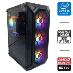 Игровой ПК 1stPlayer FireBase X6 Tower / Intel Core i5-8400 (6 ядер по 2.8 - 4.0 GHz) / 32 GB DDR4 / 128 GB SSD M.2 + 512 GB SSD / AMD Radeon RX 570, 8 GB GDDR5, 256-bit / 700W + Мышка, кабели (DVI и питания) в комплекте
