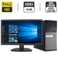 Комплект ПК: Dell OptiPlex 7010 Tower / Intel Core i7-2600 (4 (8) ядра по 3.4 - 3.8 GHz) / 16 GB DDR3 / 120 GB SSD + 250 GB HDD / nVidia GeForce GT 630, 2 GB GDDR3, 128-bit + Монитор Hanns-G HE225D / 22" (1920x1080) TN + Кабели подключения, Wi-Fi адаптер