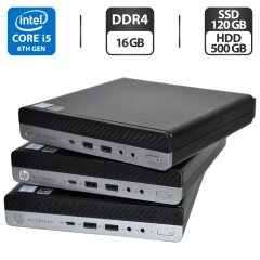 Неттоп HP EliteDesk 800 G3 Desktop Mini USFF / Intel Core i5-6500T (4 ядра по 2.5 - 3.1 GHz) / 16 GB DDR4 / 120 GB SSD + 500 GB HDD / Intel UHD Graphics 630 / USB Wi-Fi / Windows 11 Pro + Блок живлення