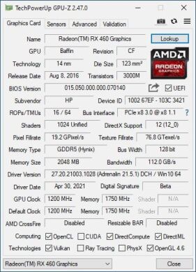 Дискретная видеокарта AMD Radeon RX 460, 2 GB GDDR5, 128-bit / DisplayPort, DVI, HDMI 