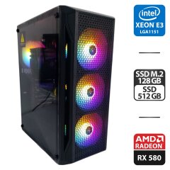 Игровой ПК 1stPlayer X5 Firebase Tower / Intel Xeon E3-1240 v6 (аналог Intel Core i7-6700) (4 (8) ядра по 3.7 - 4.1 GHz) / 16 GB DDR4 / 128 GB SSD M.2 + 512 GB SSD / AMD Radeon RX 580, 8 GB GDDR5, 256-bit / 500W + Кабели DVI и питания