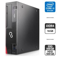 Компьютер Fujitsu Esprimo D757 E90 SFF / Intel Core i5-6500 (4 ядра по 3.2 - 3.6 GHz) / 16 GB DDR4 / 500 GB SSD + 500 GB HDD / Intel HD Graphics 530 / DVD-ROM / Windows 11 Pro + Кабель сз DisplayPort на VGA