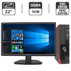 Комплект ПК: Fujitsu D757 E90 SFF / Intel Core i5-6500 (4 ядра по 3.2 - 3.6 GHz) / 16 GB DDR4 / 240 GB SSD + 320 GB HDD / Intel HD Graphics + Монитор Б-класс 22" (1680x1050) TN / VGA / Разные бренды + Мышка, клавиатура, кабели, USB Wi-Fi, Windows 11 Pro