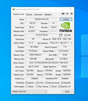Дискретна відеокарта nVidia NVS 310, 1 GB DDR3, 64-bit / 2x DisplayPort