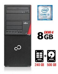 Компьютер Fujitsu Esprimo P756 E90+ Tower / Intel Core i3-6100 (2 (4) ядра по 3.7 GHz) / 8 GB DDR4 / 240 GB SSD + 500 GB HDD / Intel HD Graphics 530 / 280W / DVD-ROM / DisplayPort
