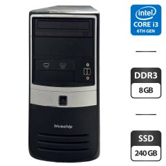 Компьютер Bluechip Tower / Intel Core i3-6100 (2 (4) ядра по 3.7 GHz) / 8 GB DDR3 / 240 GB SSD / Intel HD Graphics 530 / DVD-ROM / VGA