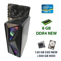 First Player Color ATX Tower NEW / Intel Core i3-9100F (4 ядра по 3.6 - 4.2 GHz) NEW / 8 GB DDR4 NEW / 120 GB SSD NEW+500 GB HDD / nVidia GeForce GTX 1080, 8 GB GDDR5, 256-bit / 600W NEW
