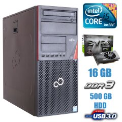 Комп'ютер Fujitsu Esprimo P720 E90+ Tower / Intel Core i5-4430 (4 ядра по 3.0 - 3.2 GHz) / 16 GB DDR3 / 120 GB SSD + 500 GB HDD / nVidia GeForce GTX 1060, 6 GB GDDR5, 192-bit / DVD-ROM