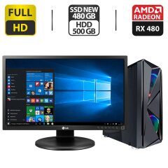 Комплект ПК: 1stPlayer Tower NEW / Intel Core i7-3770 (4 (8) ядра по 3.4 - 3.9 GHz) / 16 GB DDR3 / 480 GB SSD NEW + 500 GB HDD / AMD Radeon RX 480, 8 GB GDDR5, 256-bit / 500W + Монитор LG 24MB35PM-B / 24" (1920x1080) IPS / DVI / 2x 2W + Кабели подключения