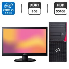 Комплект ПК: Fujitsu Esprimo P720 E90 Tower / Intel Core i3-4130 (2 (4) ядра по 3.4 GHz) / 8 GB DDR3 / 500 GB HDD / Intel HD Graphics 4400 + Монитор AOC E2250SWDN / 22" (1920x1080) TN / VGA / Встроенные колонки 2x 2.5W + Wi-Fi адаптер, кабели в подарок