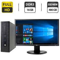 Комплект ПК: компьютер HP EliteDesk 800 G1 SFF / Intel Core i5-4590 (4 ядра по 3.3 - 3.7 GHz) / 16 GB DDR3 / 480 GB SSD NEW / Intel HD Graphics 4600 + Монитор LG 24MB35PM-B / 24" (1920x1080) IPS / VGA / DVI + Клавиатура, мышка, кабели в комплекте