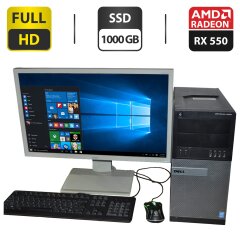Комплект ПК: Dell OptiPlex 9020 Tower / Intel Core i5-4570 (4 ядра по 3.2 - 3.6 GHz) / 32 GB DDR3 / 1000 GB SSD / AMD Radeon RX 550, 4 GB GDDR5, 128-bit + Монитор Б-класс 24" (1920x1080) TN / VGA, DVI / Разные бренды + Клавиатура, мышка, кабели