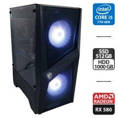 Игровой компьютер MSI Mag Forge 100M Tower / Intel Core i5-7500 (4 (8) ядра по 3.4 - 3.8 GHz) / 32 GB DDR4 / 512 GB SSD + 1000 GB HDD / AMD Radeon RX 580, 8 GB GDDR5, 256-bit / 600W + Кабели с HDMI на DVI и питания