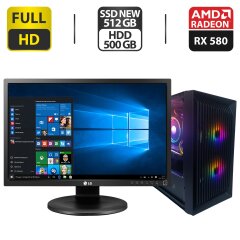 Комплект ПК: 1stPlayer Black Sir Tower / Intel Core i5-4590S (4 ядра по 3.0 - 3.7 GHz) / 16 GB DDR3 / 240 GB SSD NEW + 500 GB HDD / AMD Radeon RX 580, 8 GB GDDR5, 256-bit + Монитор LG 24MB35PM-B / 24" (1920x1080) IPS / VGA / DVI + Кабели подключения