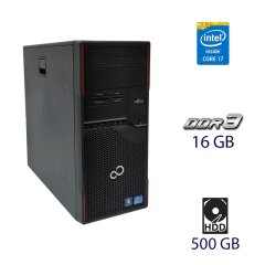 Компьютер Fujitsu Celsius W410 Tower / Intel Core i7-2600 (4 (8) ядра по 3.4 - 3.8 GHz) / 16 GB DDR3 / 500 GB HDD / nVidia Quadro K2000, 2 GB GDDR5, 128-bit / DVD-RW / Card Reader (SD, SDHC, SDXC)