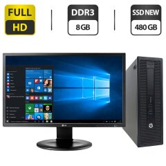 Комплект ПК: компьютер HP EliteDesk 800 G1 SFF / Intel Core i5-4570 (4 ядра по 3.2 - 3.6 GHz) / 8 GB DDR3 / 480 GB SSD NEW / Intel HD Graphics 4600 + Монитор LG 24MB35PM-B / 24" (1920x1080) IPS / VGA / DVI + Кабели подключения