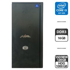 Компьютер Cooler Master Tower / Intel Core i5-4670K (4 ядра по 3.4 - 3.8 GHz) / 16 GB DDR3 / 120 GB SSD NEW + 1000 GB HDD / Intel HD Graphics 4600 / DVD-ROM / 400W
