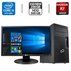 Комплект ПК: Fujitsu Esprimo P757 E85 Tower / Intel Core i5-6402P (4 ядра по 2.8 - 3.4 GHz) / 16 GB DDR4 / 256 GB SSD NEW M.2 + 500 GB HDD / AMD Radeon R7 360, 2 GB GDDR5, 128-bit + Монитор LG 24MB35PM-B / 24" (1920x1080) IPS / VGA + Кабели подключения