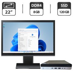 Комплект ПК: HP ProDesk 600 G3 Mini PC USFF / Intel Core i3-7100T (2 (4) ядра по 3.4 GHz) / 8 GB DDR4 / 120 GB SSD / Intel HD Graphics 630 + Монитор Б-класс 22" (1680x1050) TN / Разные бренды / Windows 11 Pro